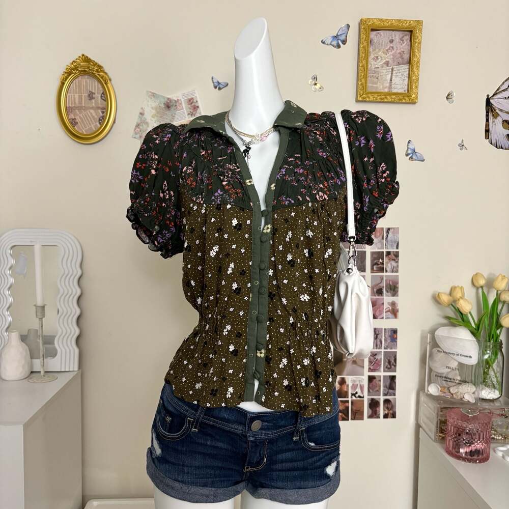 Free People Olive Floral Mixed Print Puff Sleeve Peplum Blouse Small S